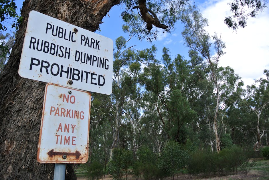 A white rectangular sign attached to a large textured tree trunk in a park setting, with the text 'Public Park Rubbish Dumping Prohibited' in bold black letters at the top. Below it, a smaller, weathered metal sign reads 'No Parking Any Time' in faded red letters, with an arrow pointing to the left. The signs are positioned among green foliage and tall trees with thin branches and leaves, set against a blue sky with some white clouds. The environment suggests a natural area where waste disposal and parking are restricted, highlighting the importance of maintaining cleanliness and adhering to local regulations. The signs are part of an effort to control littering and improper waste disposal that could otherwise occur in or near public parks, relevant to private rubbish collection services and environmental management.
